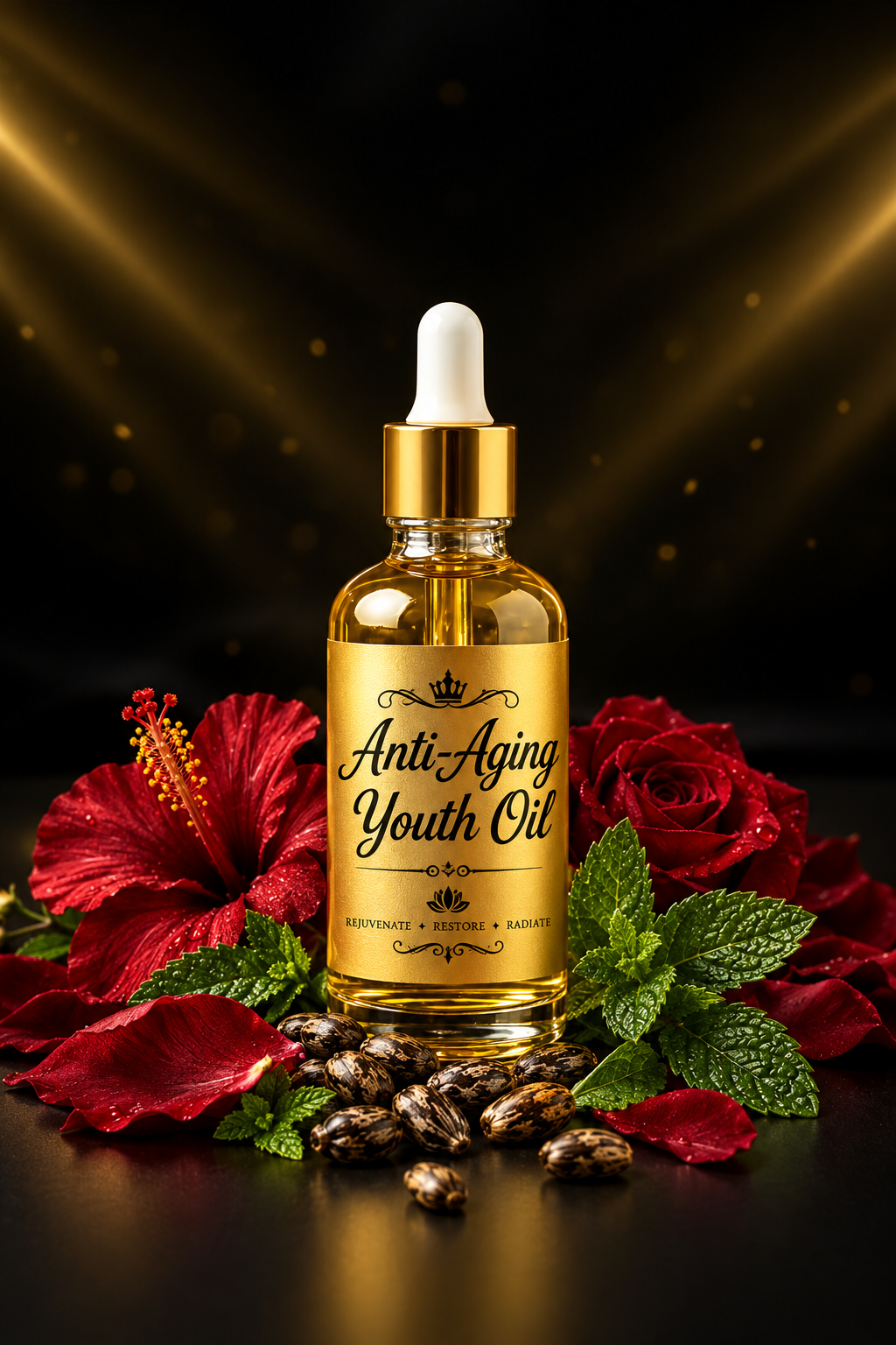 Anti-Aging Youth Oil bottle display