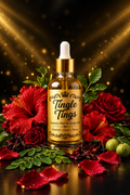 Tingle Tings Luxury Hair & Scalp Oil bottle with red hibiscus flowers and roses