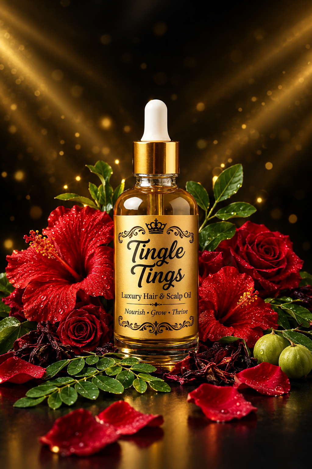 Tingle Tings Luxury Hair & Scalp Oil bottle with red hibiscus flowers and roses